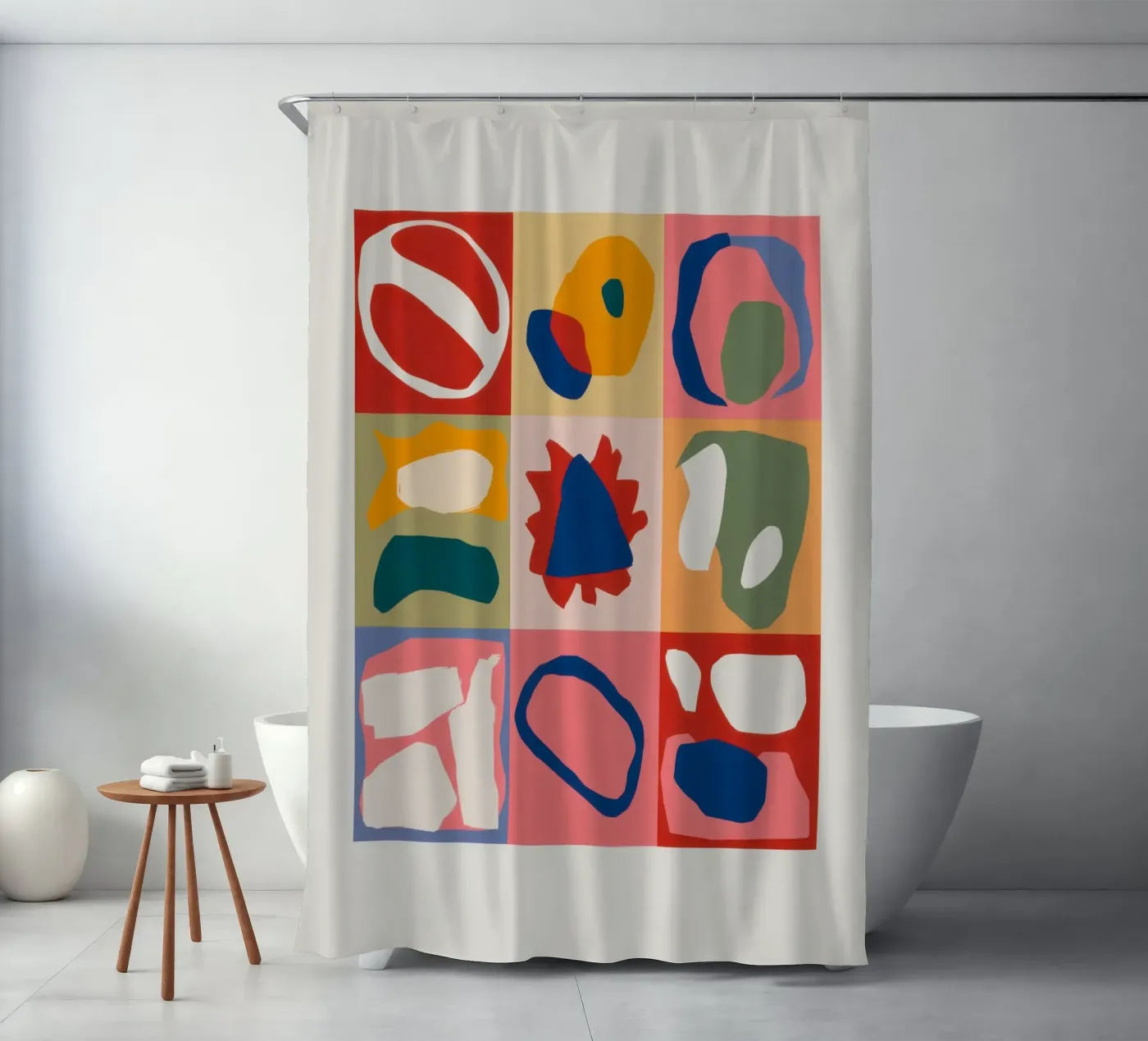 Playful Shape Patchwork shower curtain by Prism Ritual