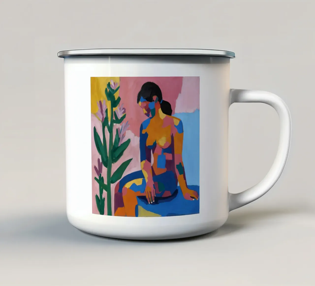 Figure in un giardino tazza in smalto da Flock Reverie
