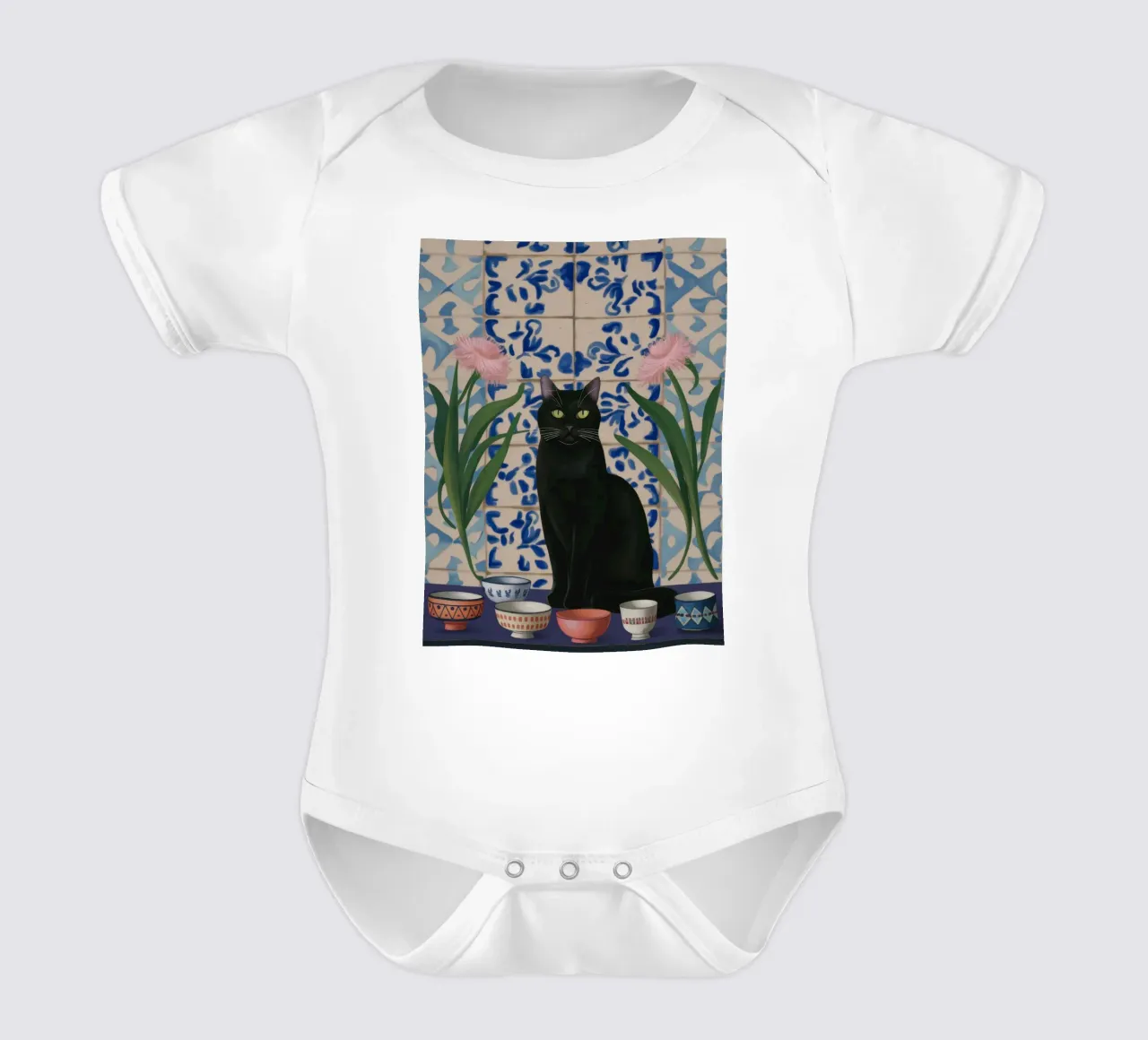 Gatto nero, notte floreale body neonato maniche corte da Flock Reverie