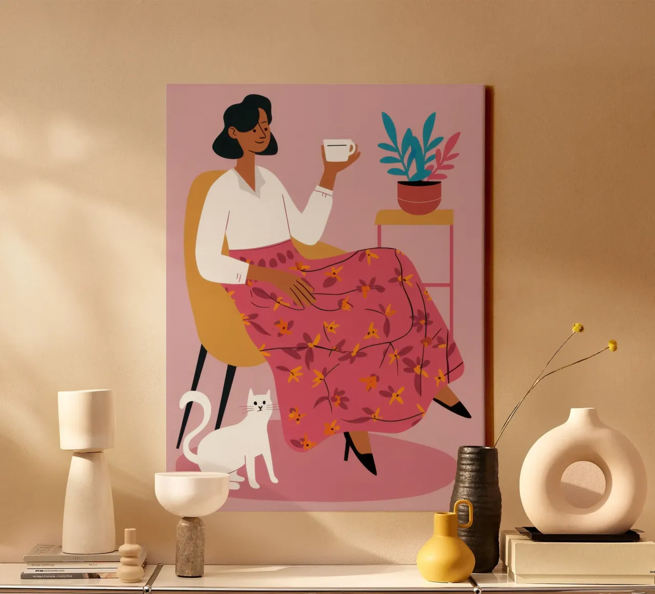 Tea Time with White Cat canvas by Flock Reverie