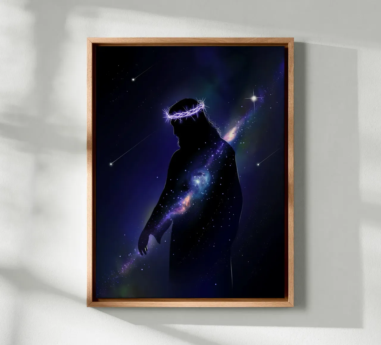 Jesus und seine Sternenkrone - Glaube und Weltall Leinwand mit Schattenfugenrahmen von Plain Thoughts