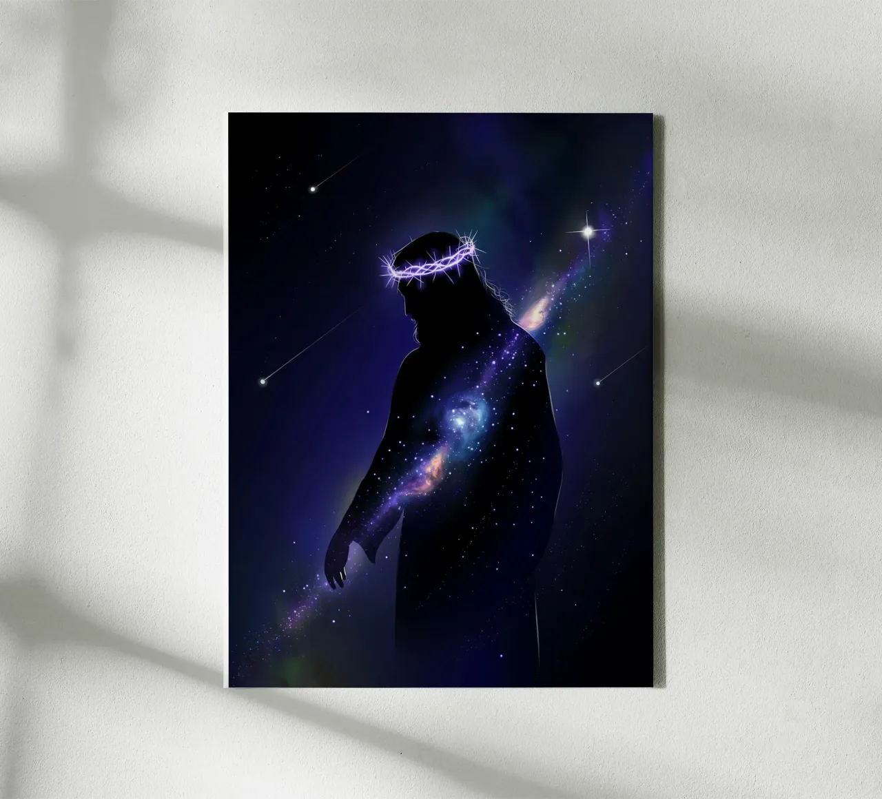 Jesus und seine Sternenkrone - Glaube und Weltall Leinwand mit Schattenfugenrahmen von Plain Thoughts