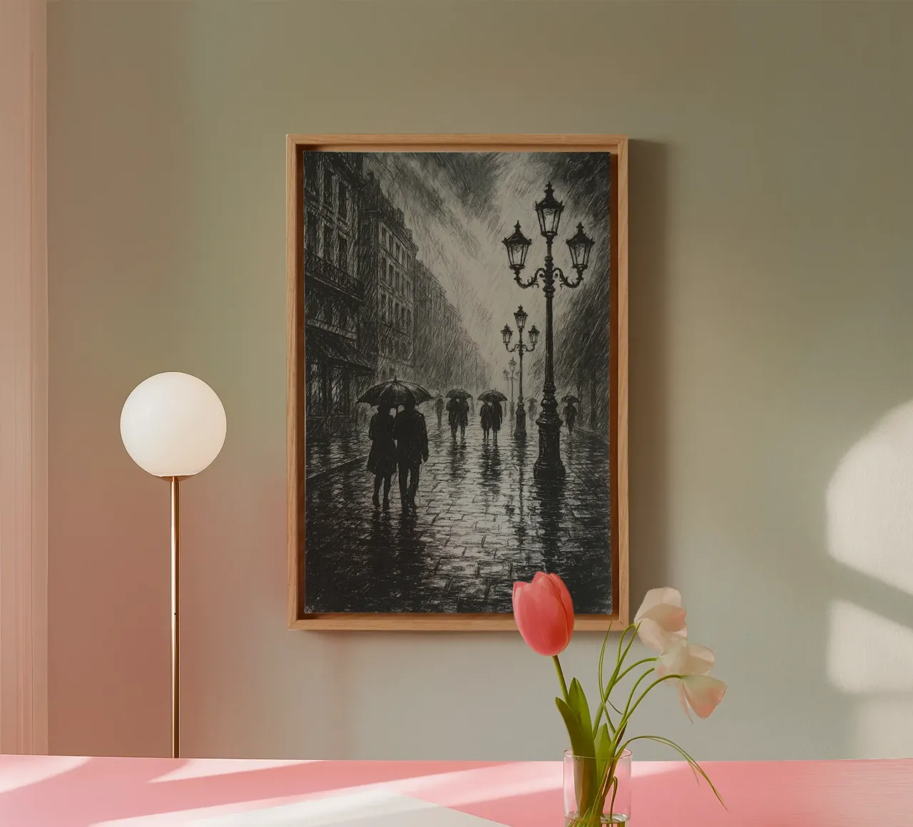 Rain in the City – A Walk Through Shadows canvas with Floater frame by Graceful Desine