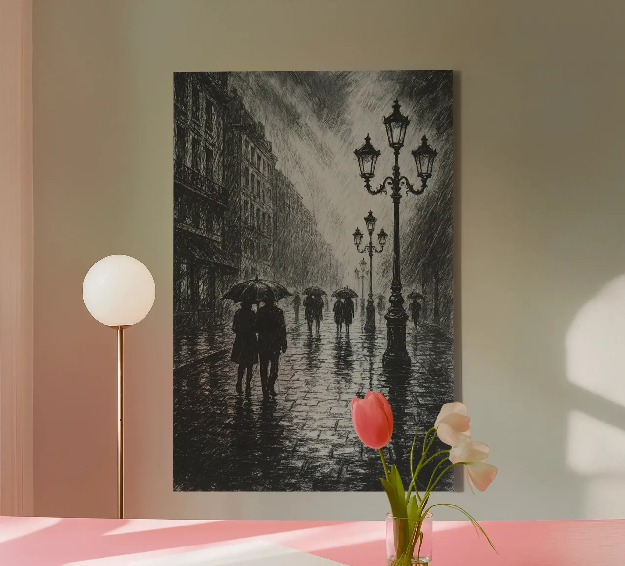 Rain in the City – A Walk Through Shadows canvas with Floater frame by Graceful Desine