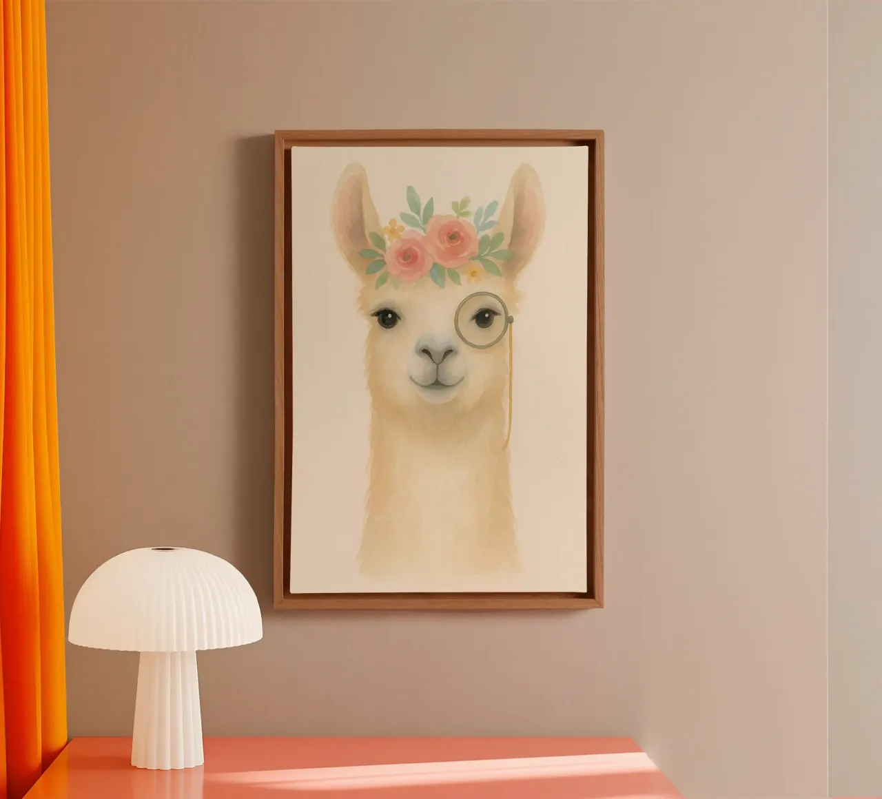 Sir Llama-Lot - Blumenschmuck & Monokelzauber Leinwand mit Schattenfugenrahmen von Graceful Desine