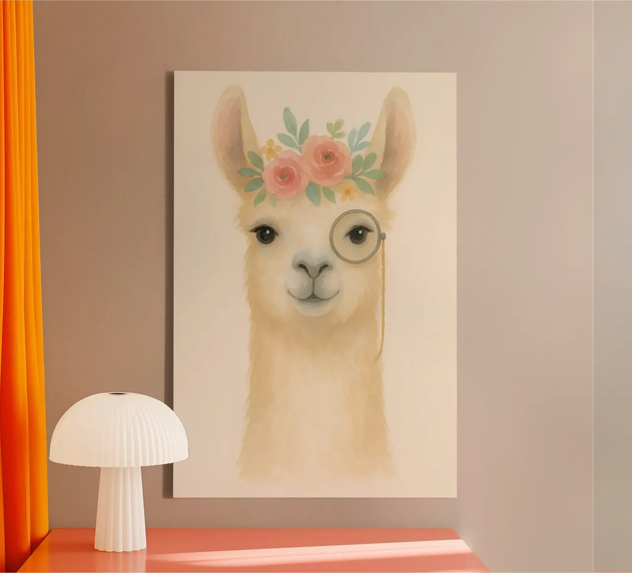 Sir Llama-Lot - Blumenschmuck & Monokelzauber Leinwand mit Schattenfugenrahmen von Graceful Desine