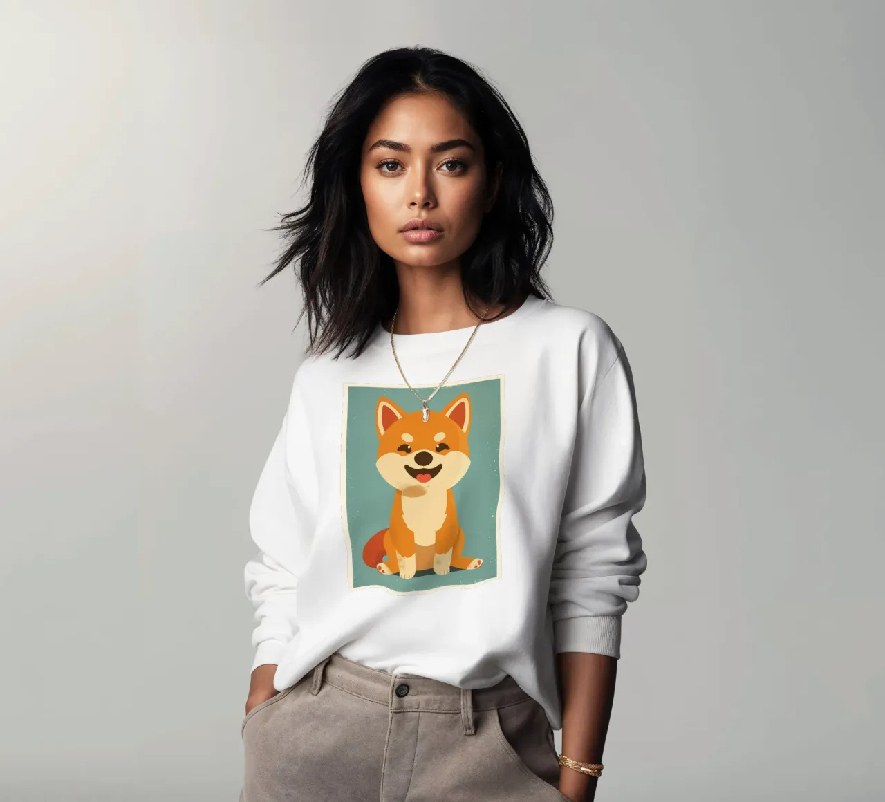 Un adorabile Shiba Inu siede felicemente su uno sfondo semplice felpa da DesignDoodle