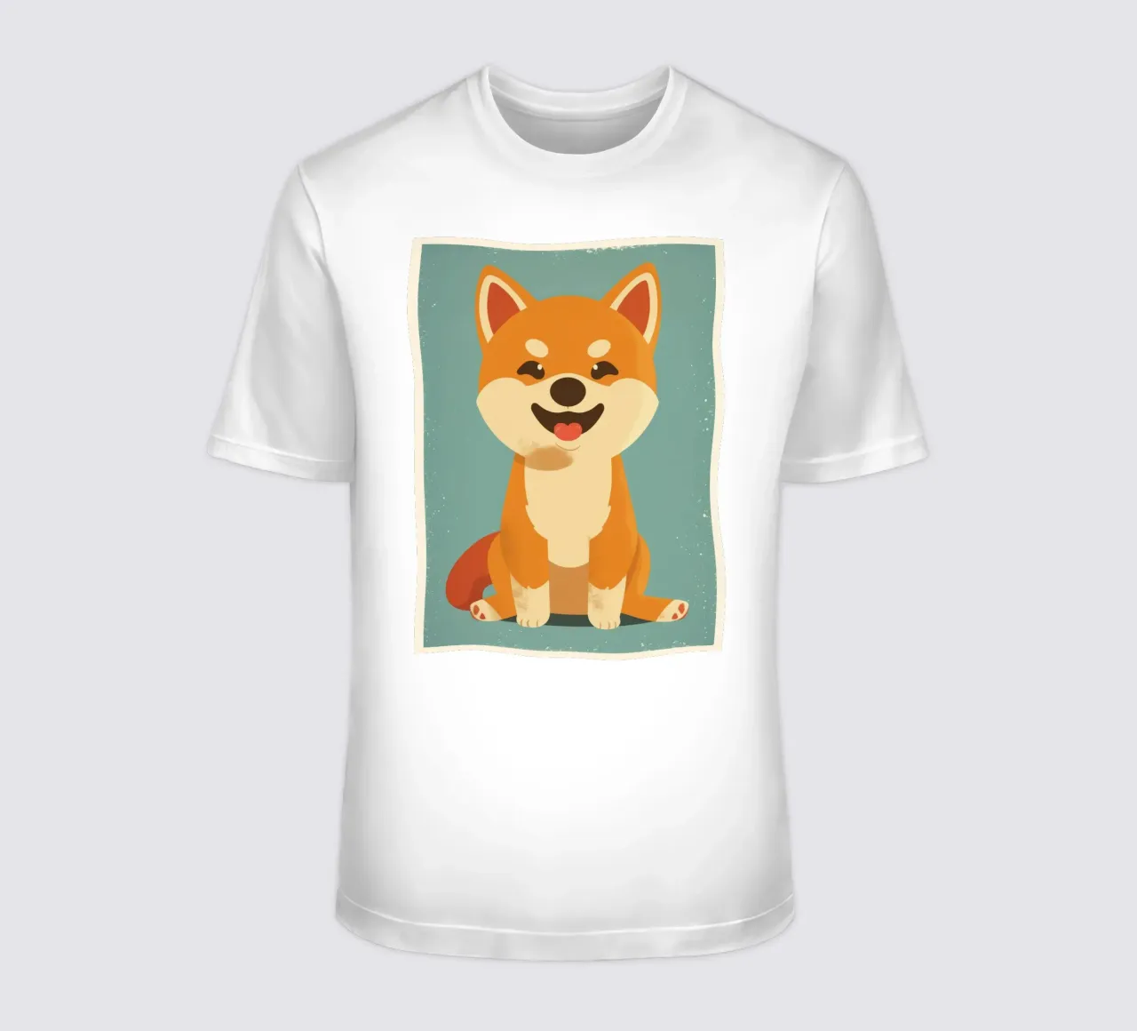 Un adorabile Shiba Inu siede felicemente su uno sfondo semplice t-shirt da DesignDoodle