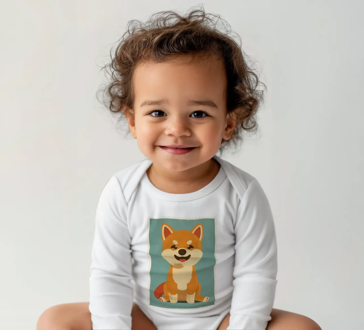 Un adorabile Shiba Inu siede felicemente su uno sfondo semplice body neonato maniche lunghe da DesignDoodle