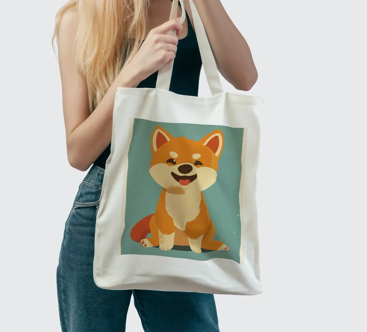 Un adorabile Shiba Inu siede felicemente su uno sfondo semplice borsa in juta da DesignDoodle