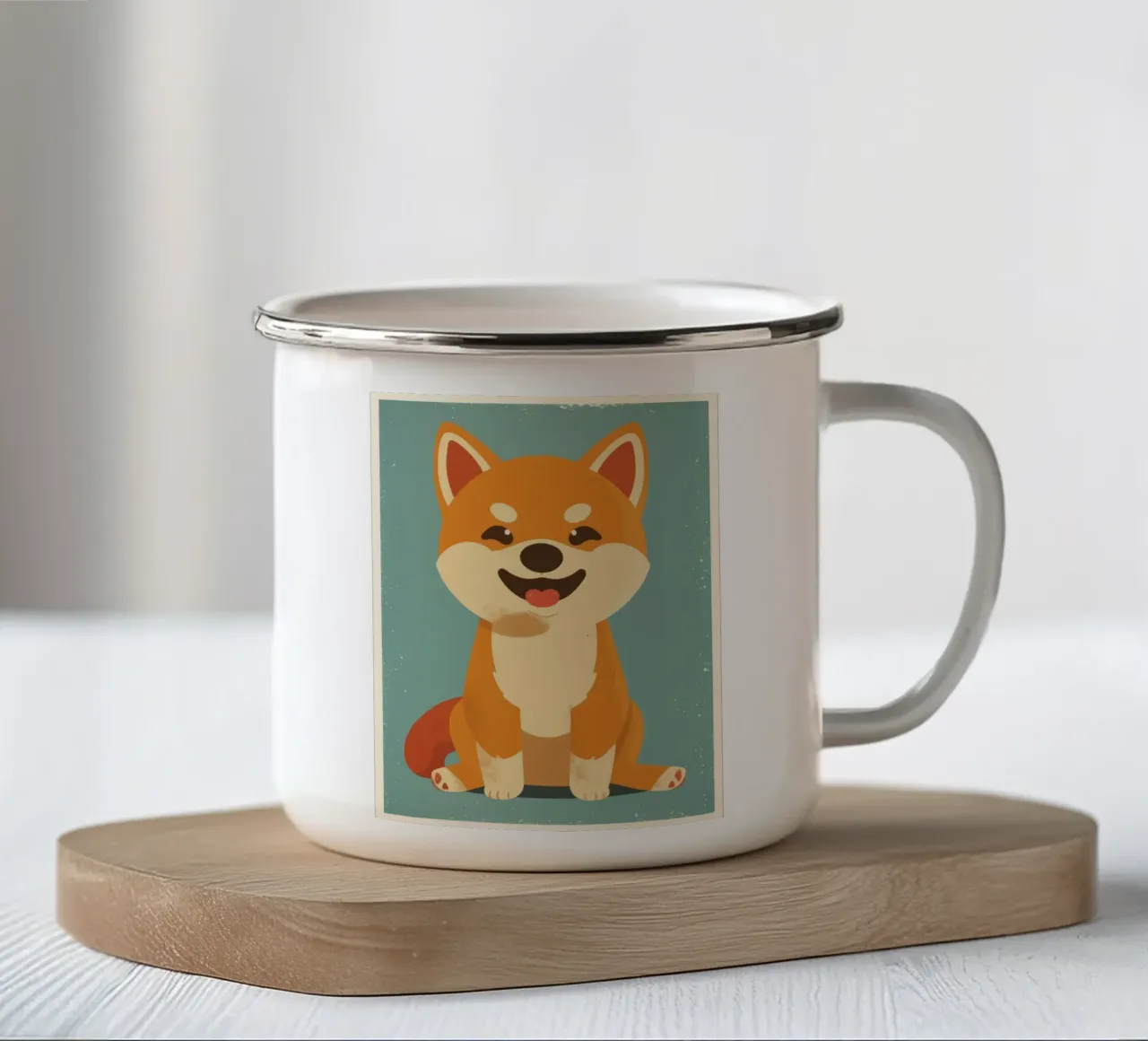 Un adorabile Shiba Inu siede felicemente su uno sfondo semplice tazza in smalto da DesignDoodle