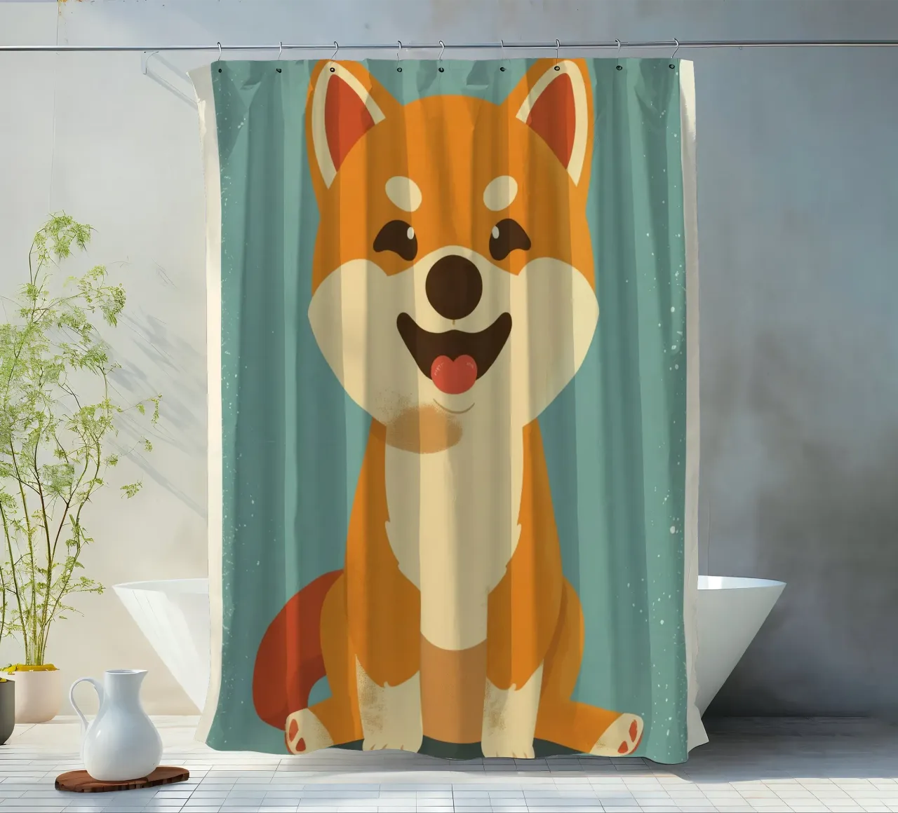 Un adorabile Shiba Inu siede felicemente su uno sfondo semplice tenda da doccia da DesignDoodle