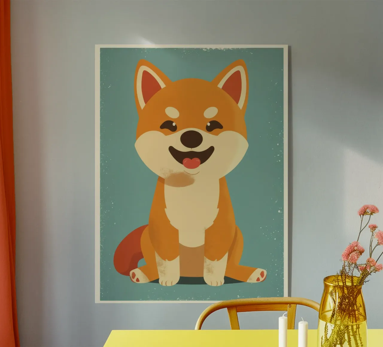 Un adorabile Shiba Inu siede felicemente su uno sfondo semplice plexiglass da DesignDoodle