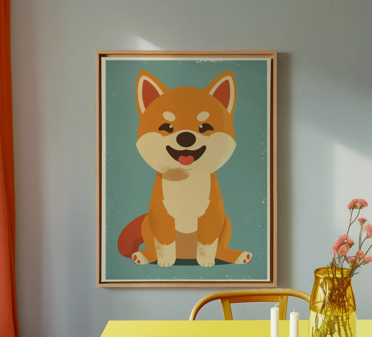 Un adorabile Shiba Inu siede felicemente su uno sfondo semplice tela da DesignDoodle