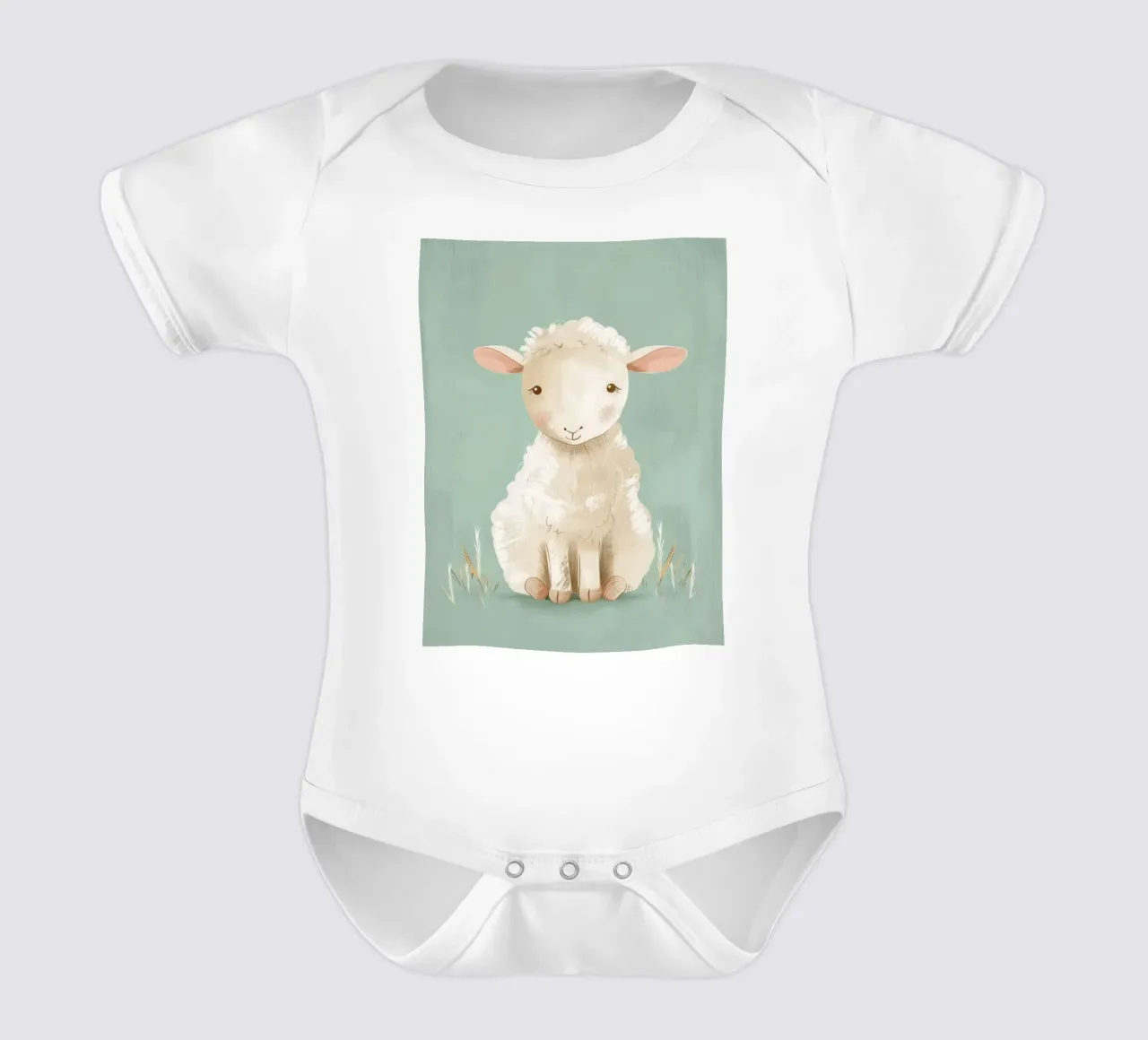 Cute cartoon sheep sitting on a green background with grass short-sleeve baby romper by DesignDoodle