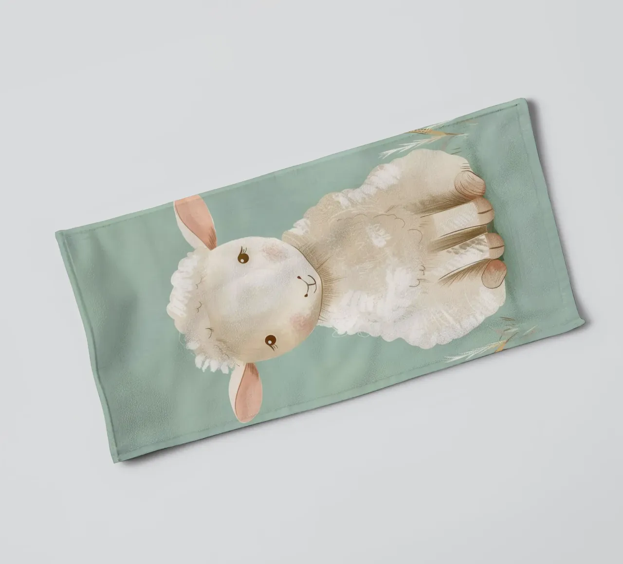 Cute cartoon sheep sitting on a green background with grass towel by DesignDoodle