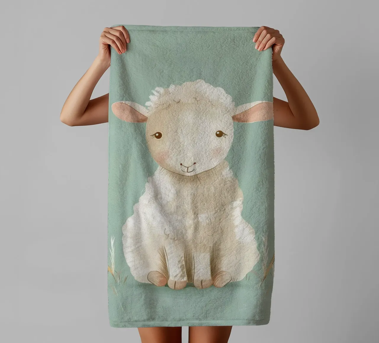 Cute cartoon sheep sitting on a green background with grass towel by DesignDoodle