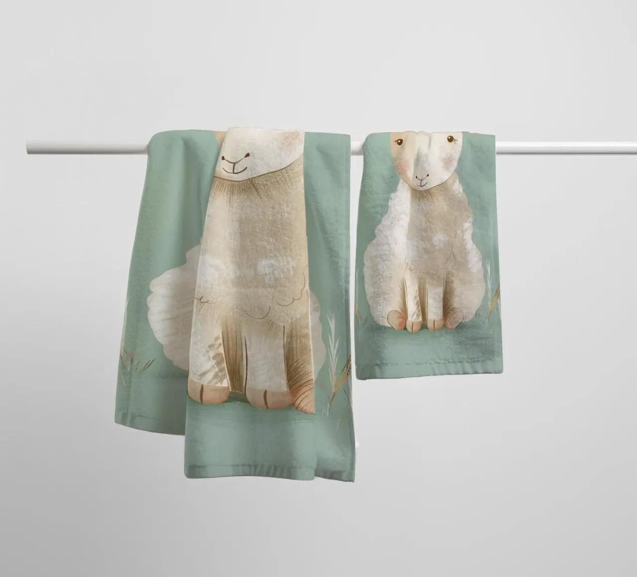 Cute cartoon sheep sitting on a green background with grass towel by DesignDoodle