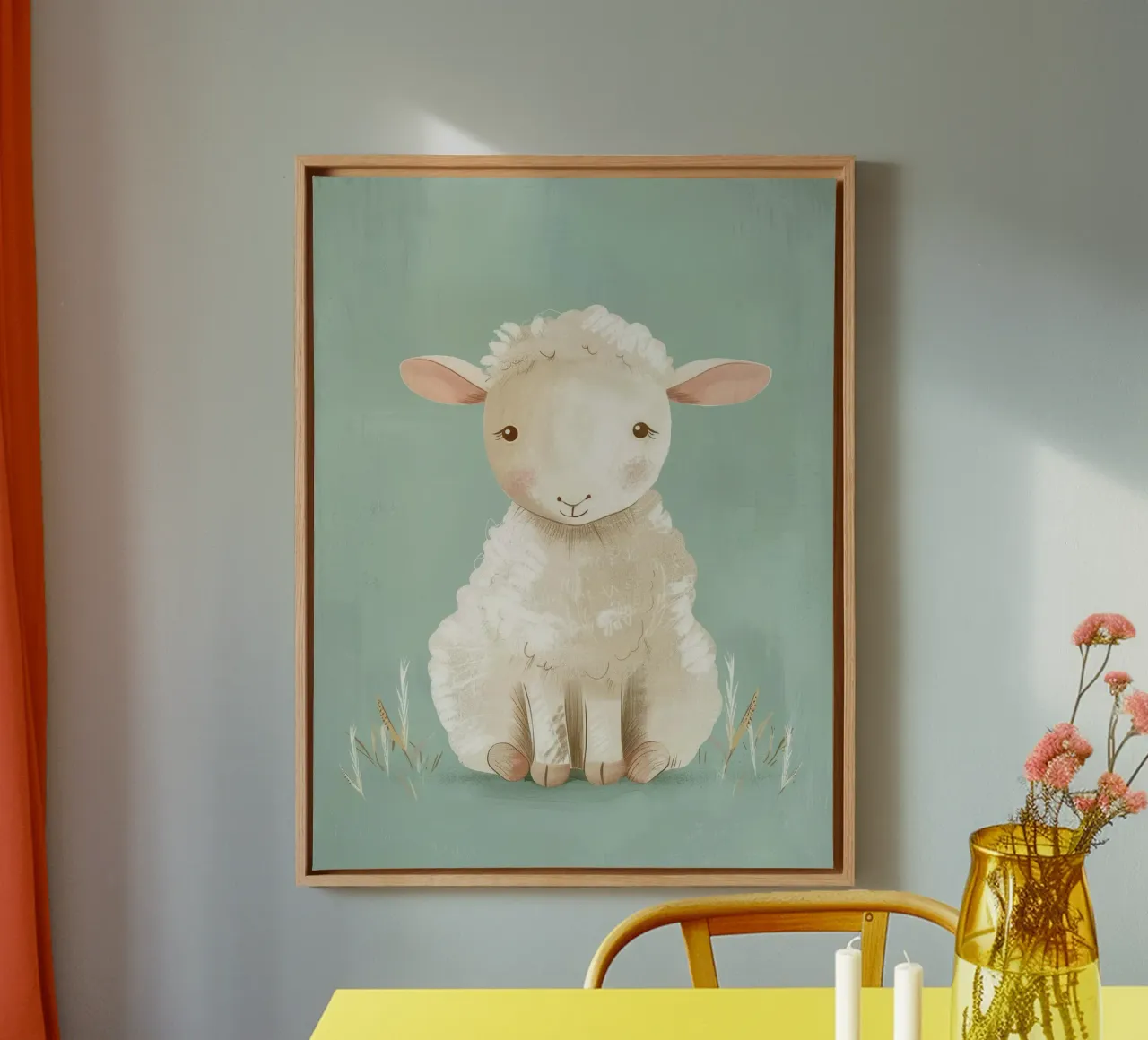 Cute cartoon sheep sitting on a green background with grass canvas by DesignDoodle