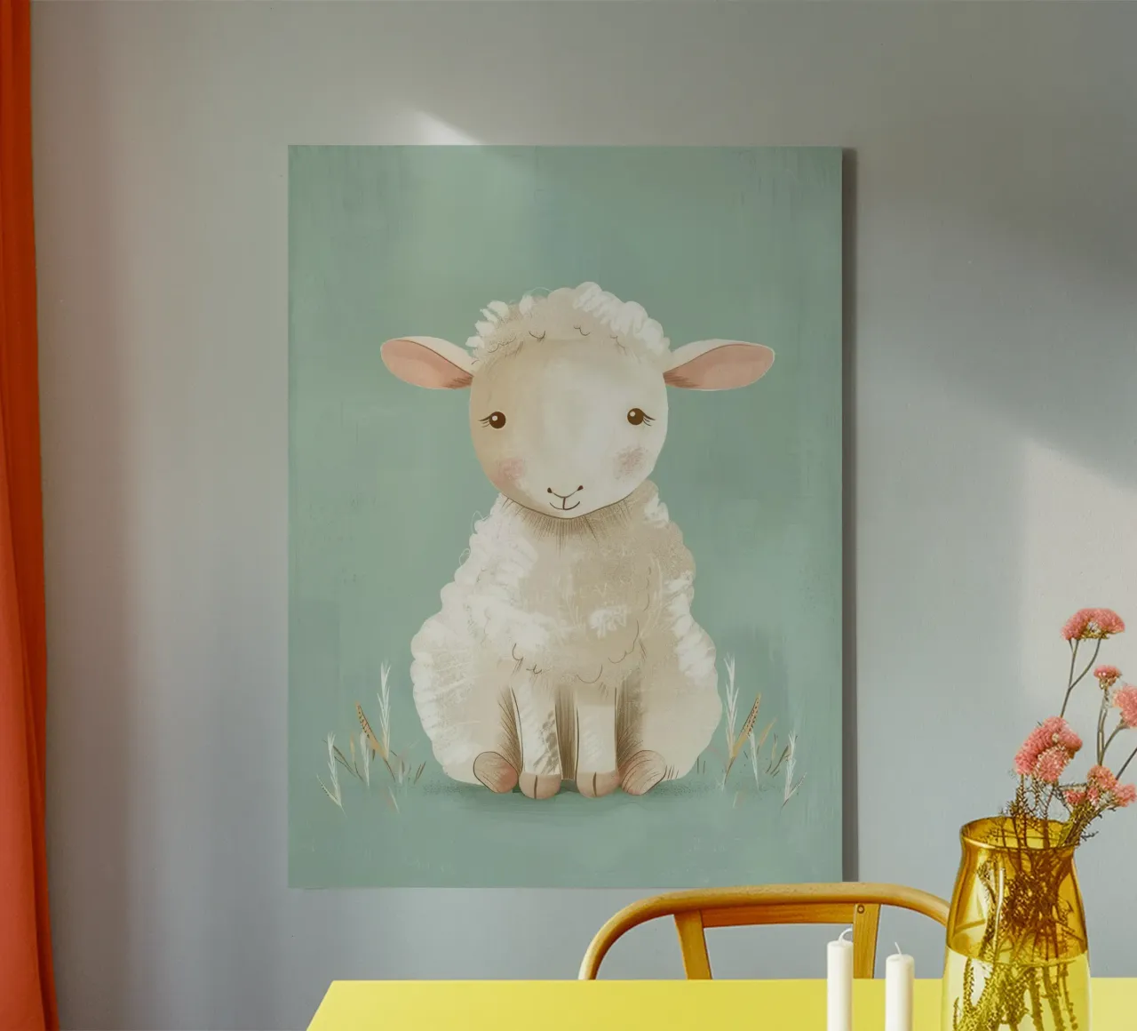 Cute cartoon sheep sitting on a green background with grass canvas by DesignDoodle