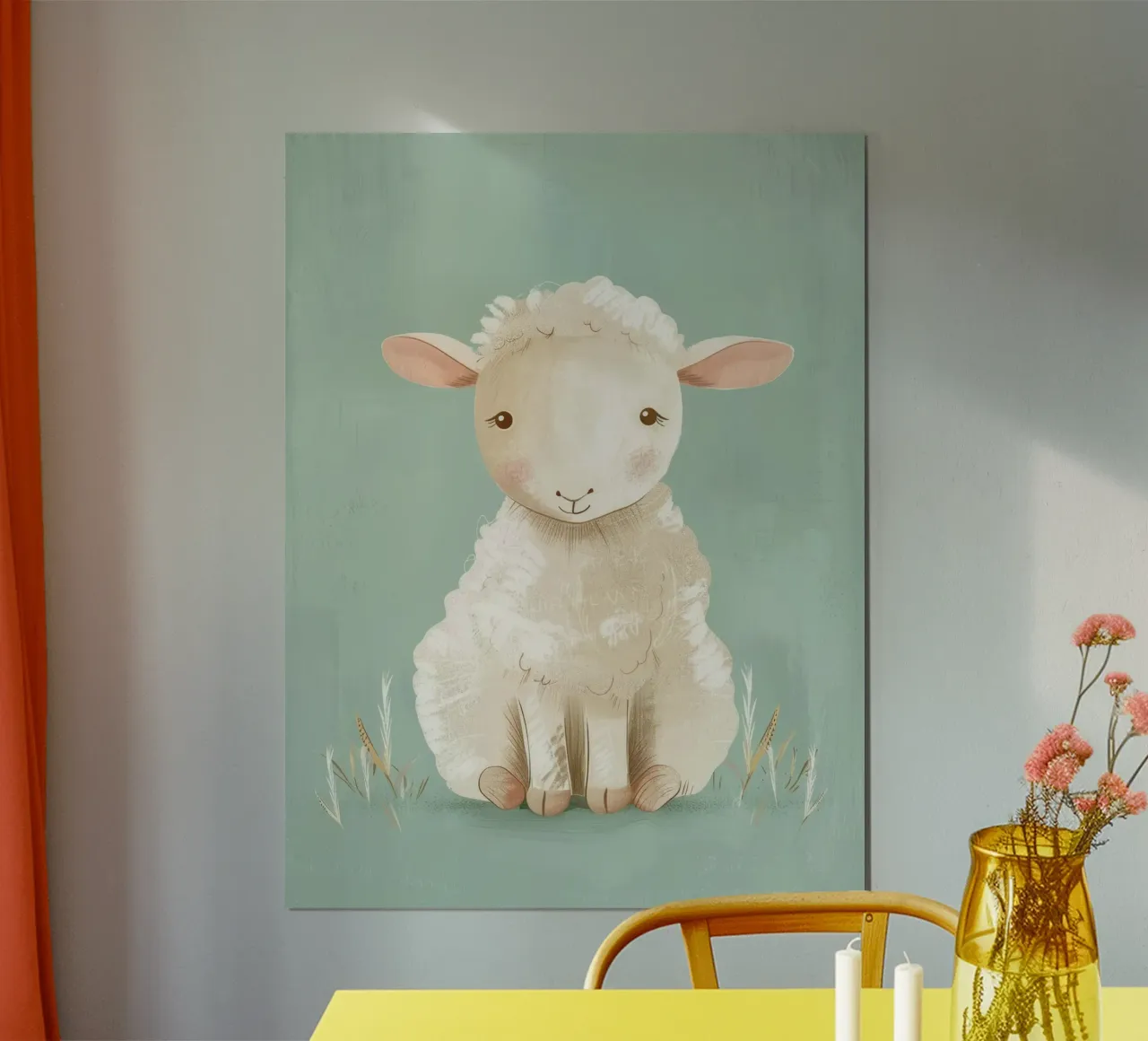 Ovejas de dibujos animados lindo sentado en un fondo verde con hierba poster de DesignDoodle