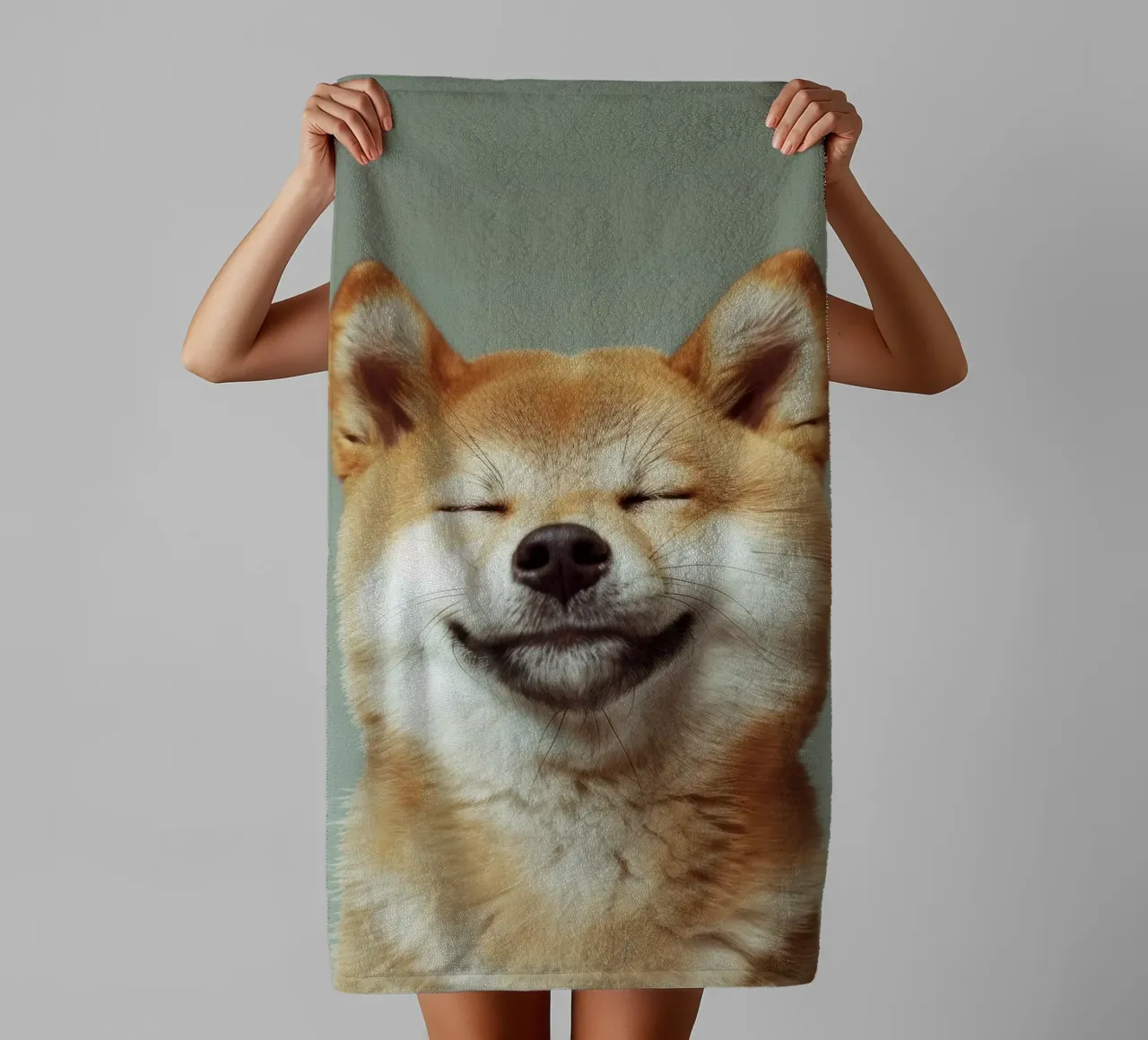 Shiba Inu felice con gli occhi chiusi e il cuore rilassato asciugamano da bagno da DesignDoodle