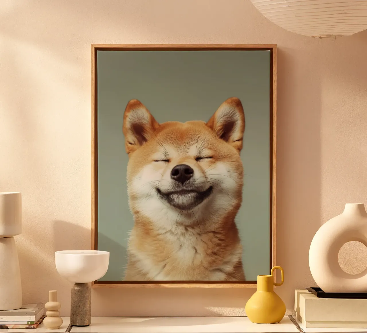 Happy Shiba Inu with closed eyes and relaxed heart canvas with Floater frame by DesignDoodle