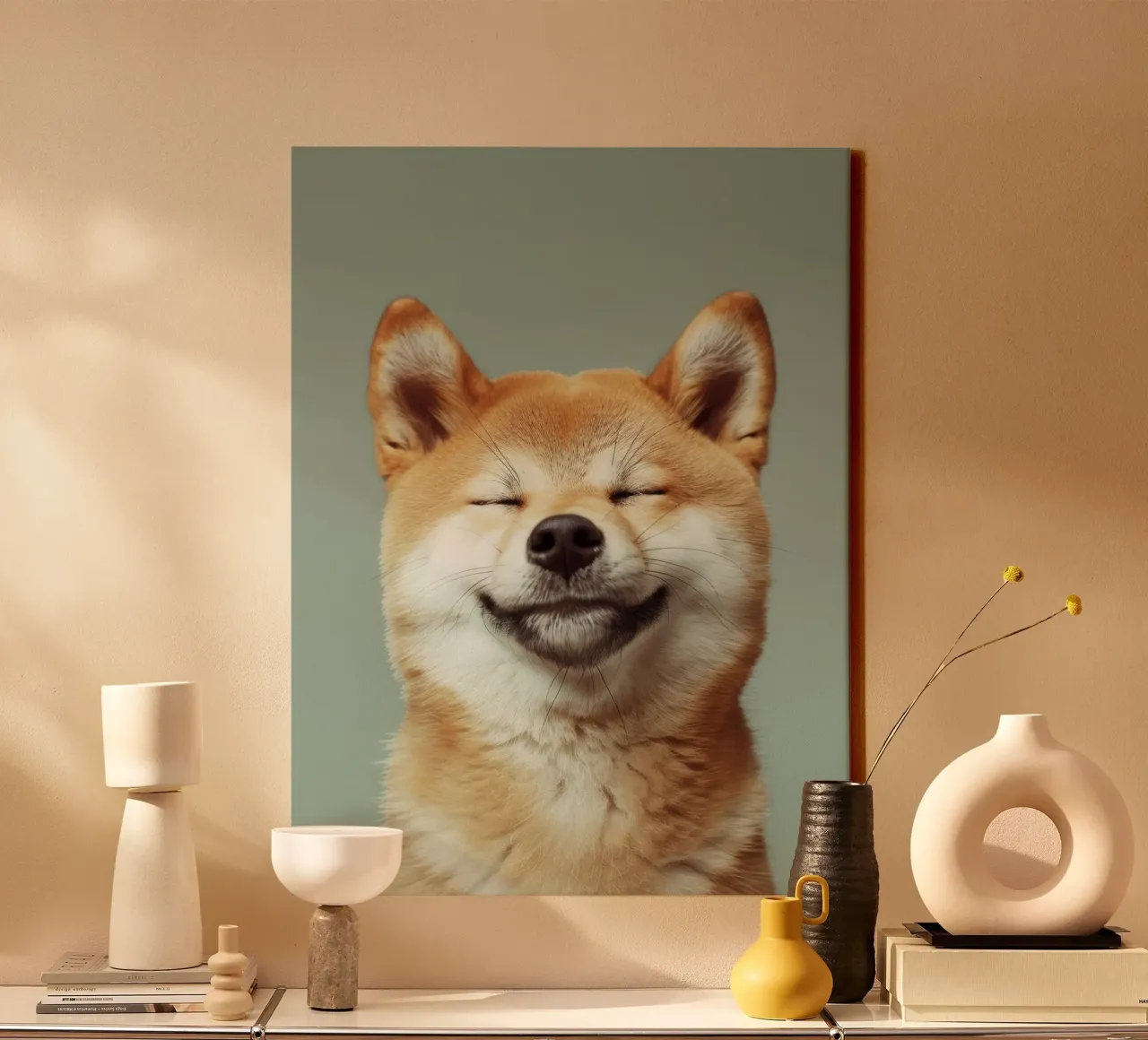 Happy Shiba Inu with closed eyes and relaxed heart canvas with Floater frame by DesignDoodle