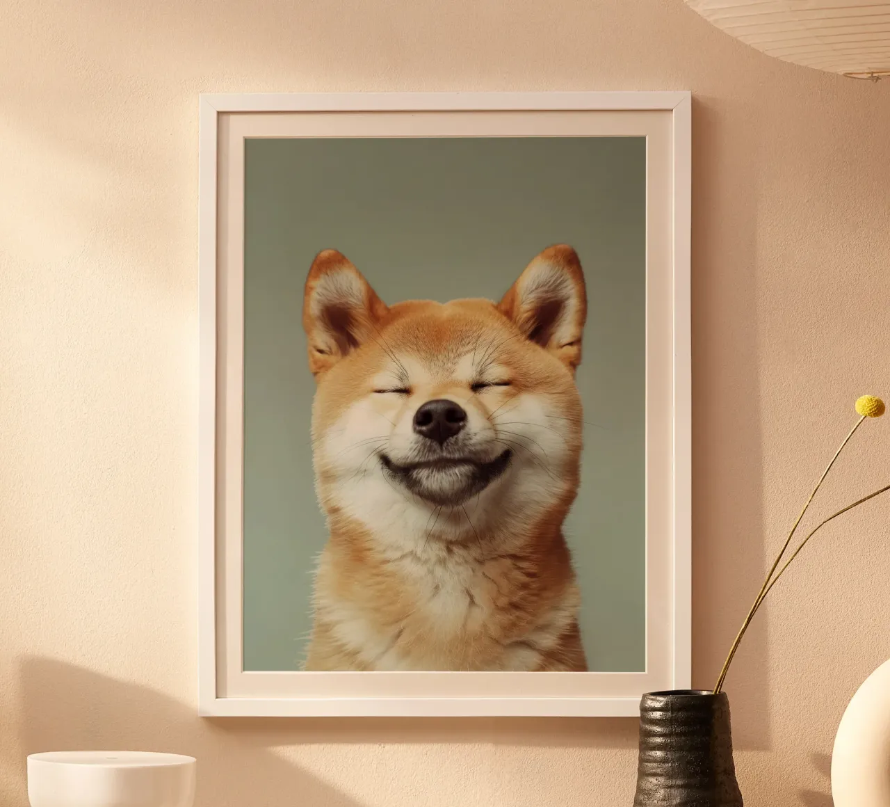 Shiba Inu felice con gli occhi chiusi e il cuore rilassato carta hahnemühle da DesignDoodle