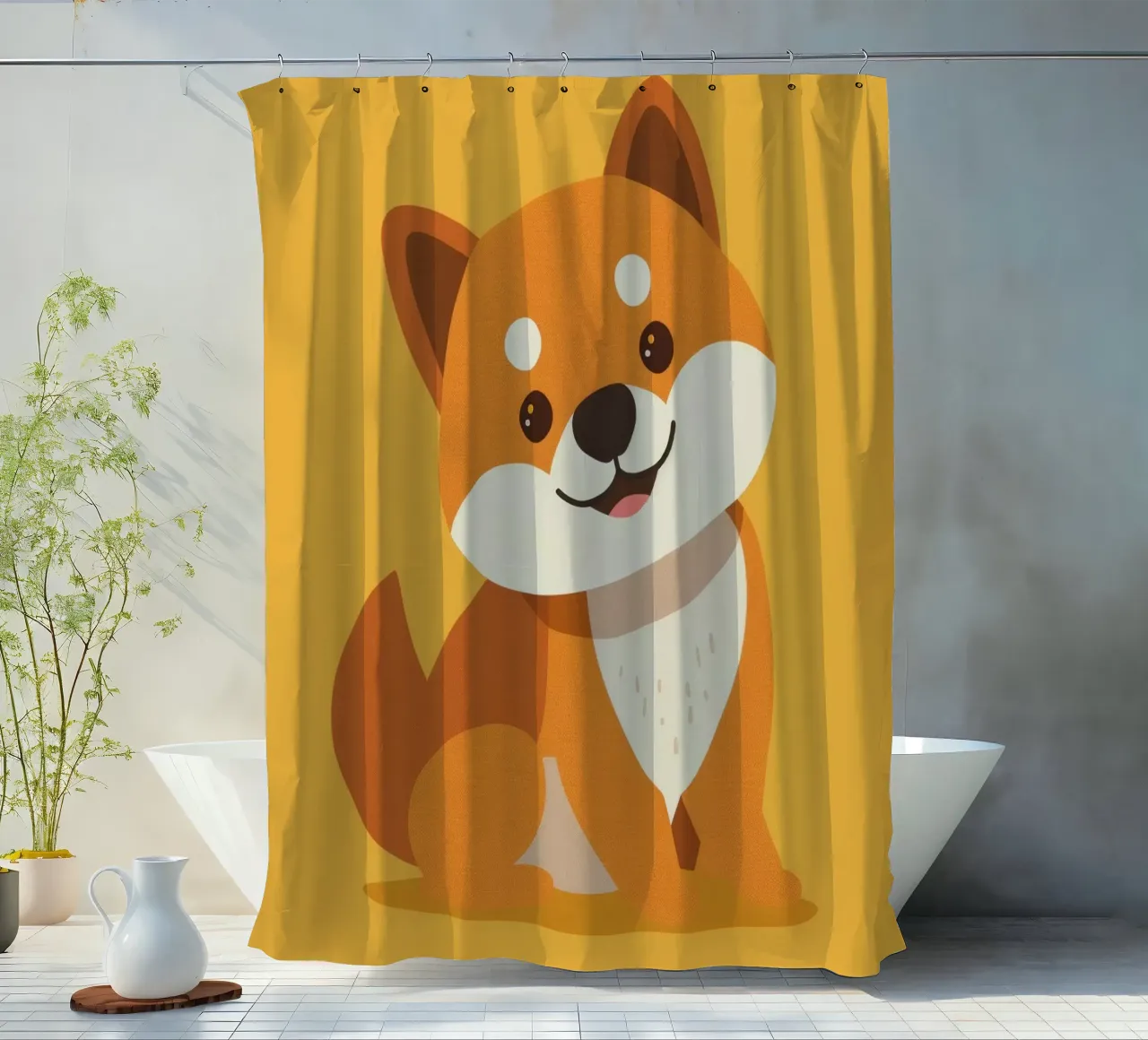 Carino Shiba Inu a cartoni animati con un'espressione amichevole tenda da doccia da DesignDoodle