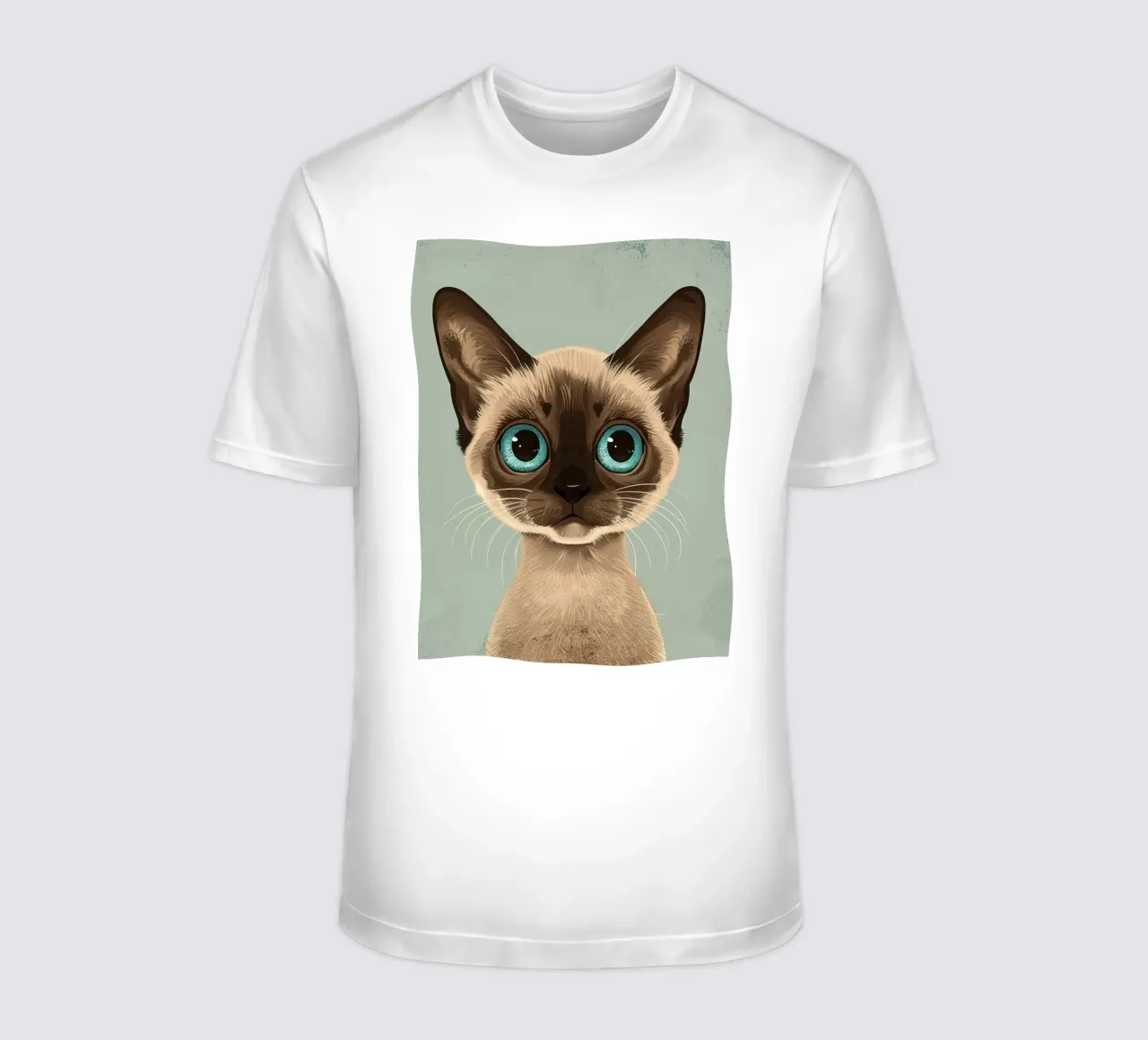 Adorable Siamese cat with large blue eyes and expressive t-shirt by DesignDoodle