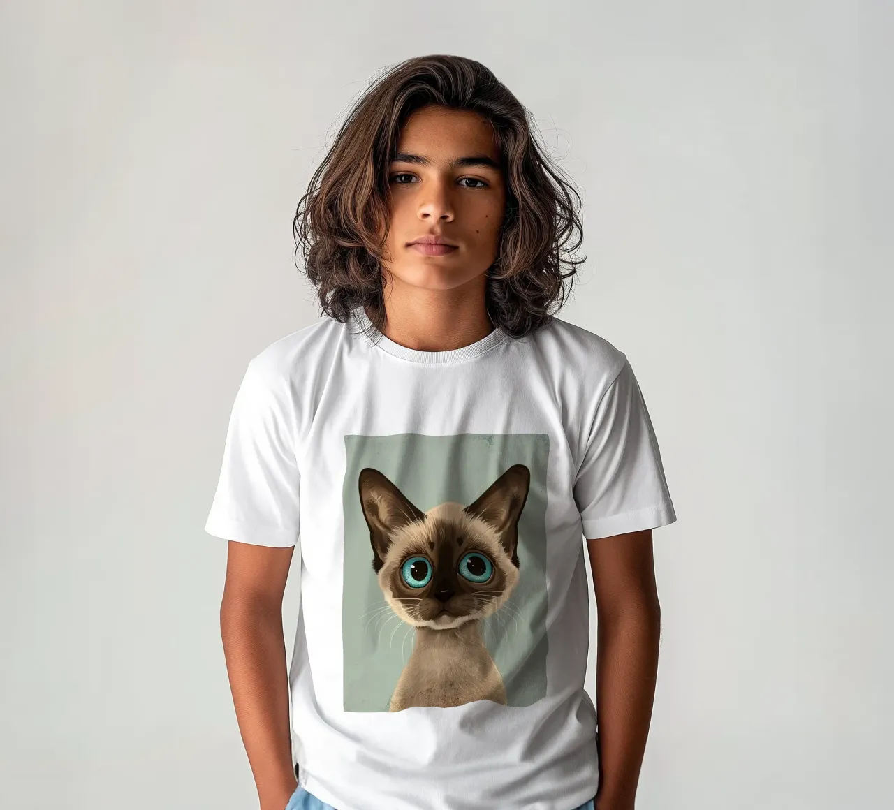 Liebenswerte Siamkatze mit großen blauen Augen und ausdrucksstarkem Kinder T-Shirt von DesignDoodle