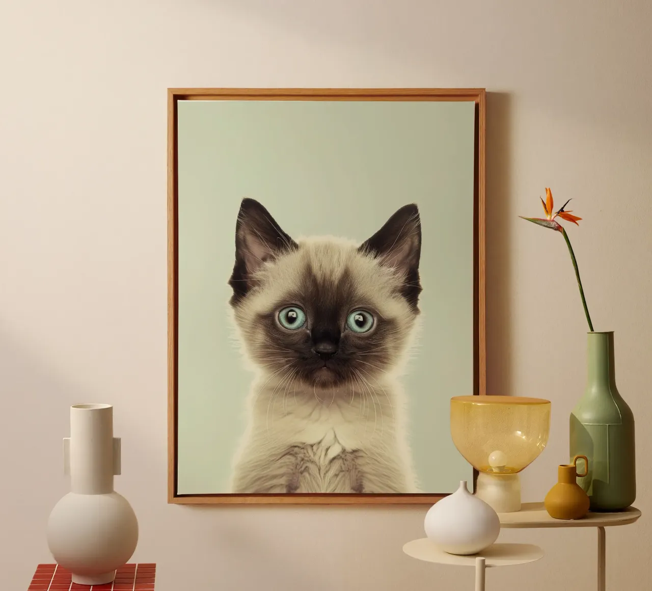 Cute kitten with striking blue eyes and distinct markings canvas with Floater frame by DesignDoodle