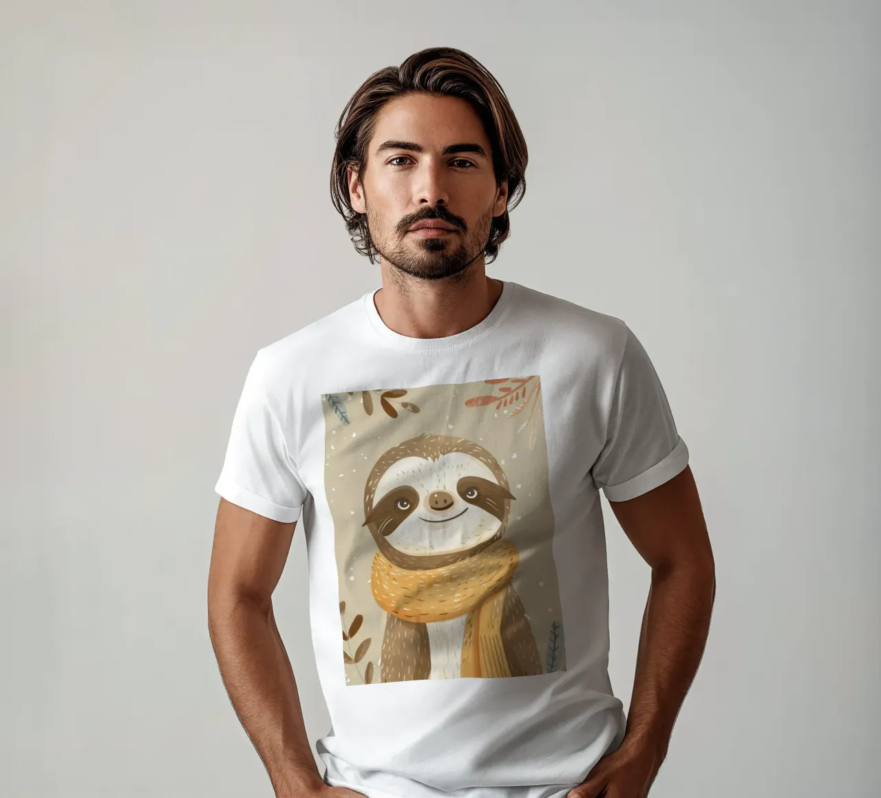 Sloth character wearing a scarf stands against a neutral art t-shirt by DesignDoodle