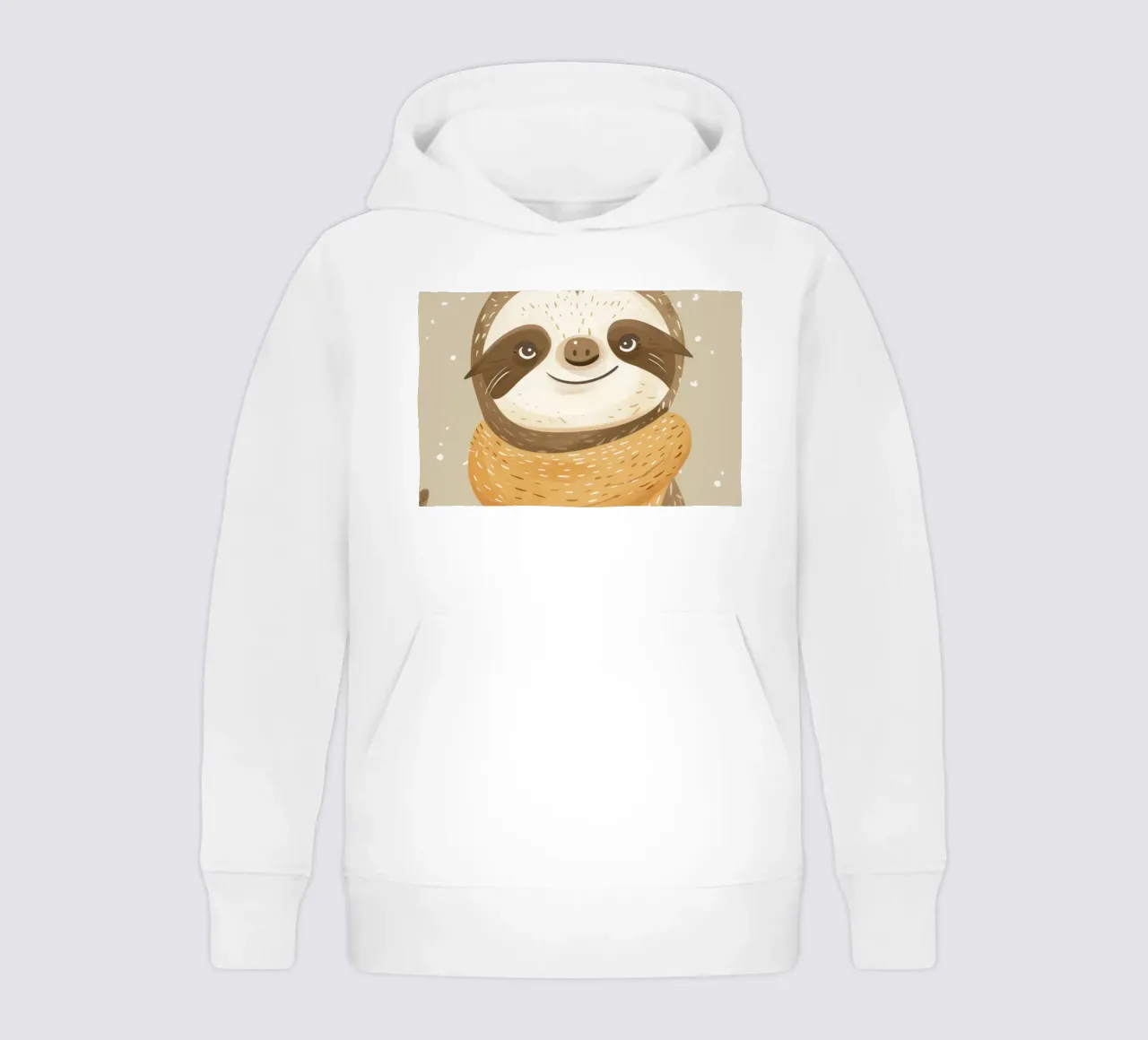 Sloth character wearing a scarf stands against a neutral art kids hoodie by DesignDoodle