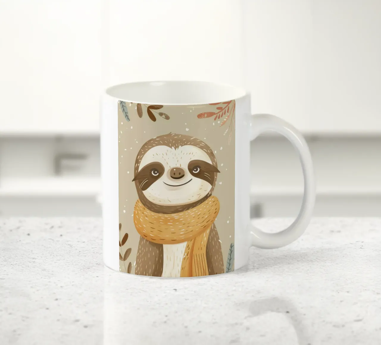 Un personnage paresseux portant une écharpe se détache d'une œuvre d'art neutre mug en céramique de DesignDoodle