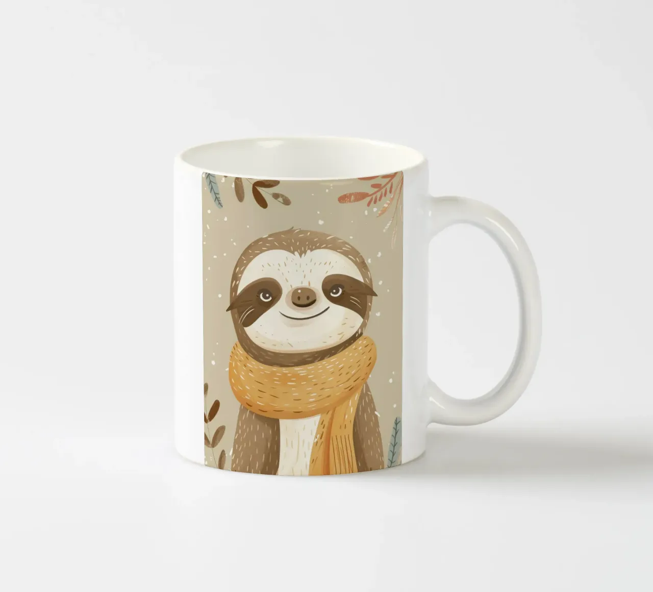 Un personnage paresseux portant une écharpe se détache d'une œuvre d'art neutre mug en céramique de DesignDoodle