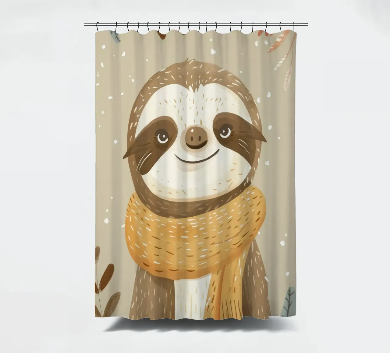 Sloth character wearing a scarf stands against a neutral art shower curtain by DesignDoodle