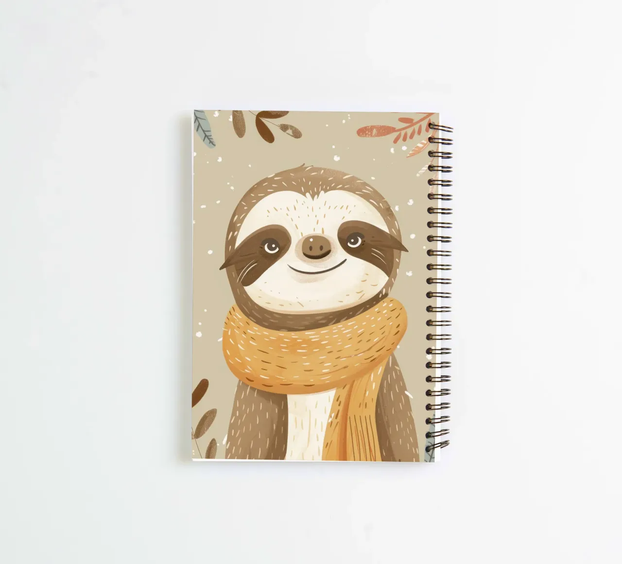 Sloth character wearing a scarf stands against a neutral art spiral notebook by DesignDoodle