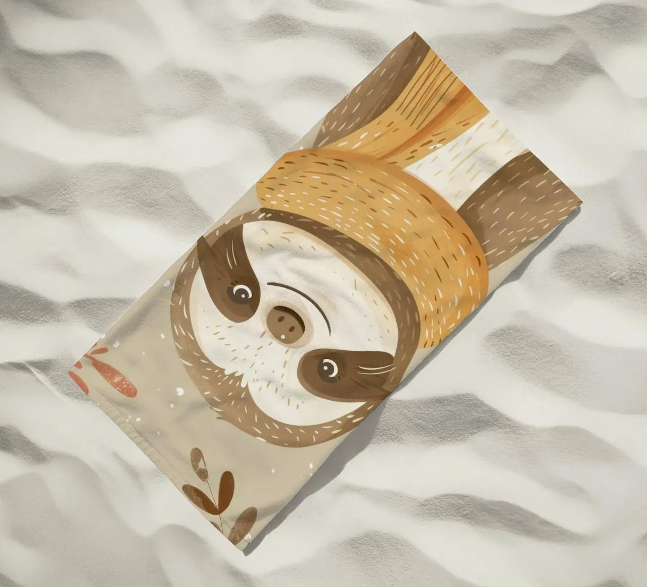 Un personnage paresseux portant une écharpe se détache d'une œuvre d'art neutre serviette de plage de DesignDoodle
