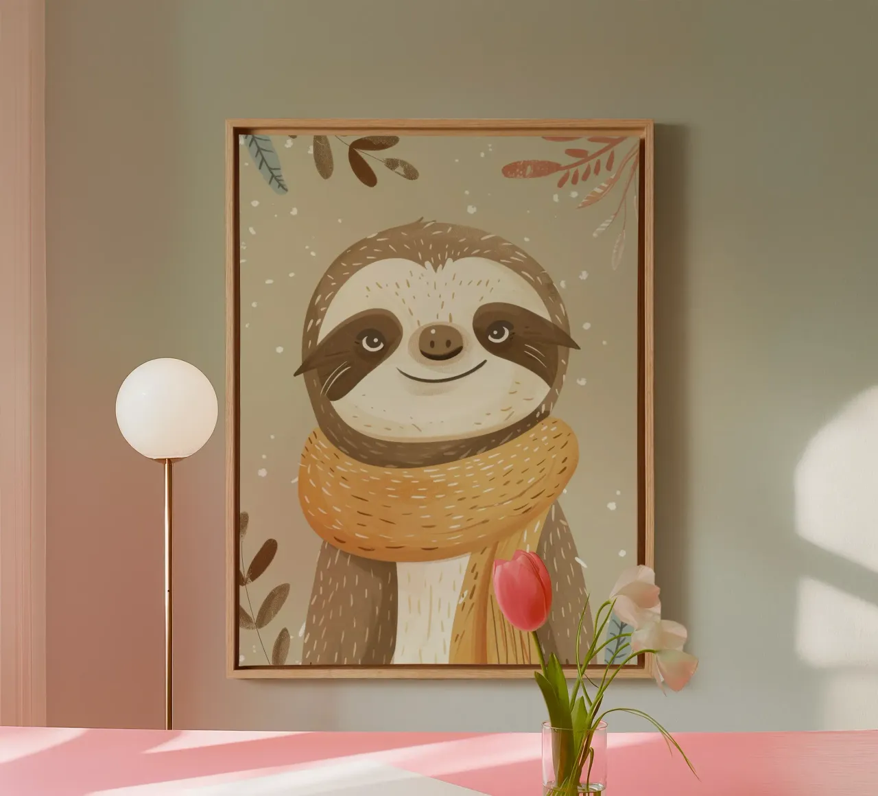 Sloth character wearing a scarf stands against a neutral art canvas by DesignDoodle