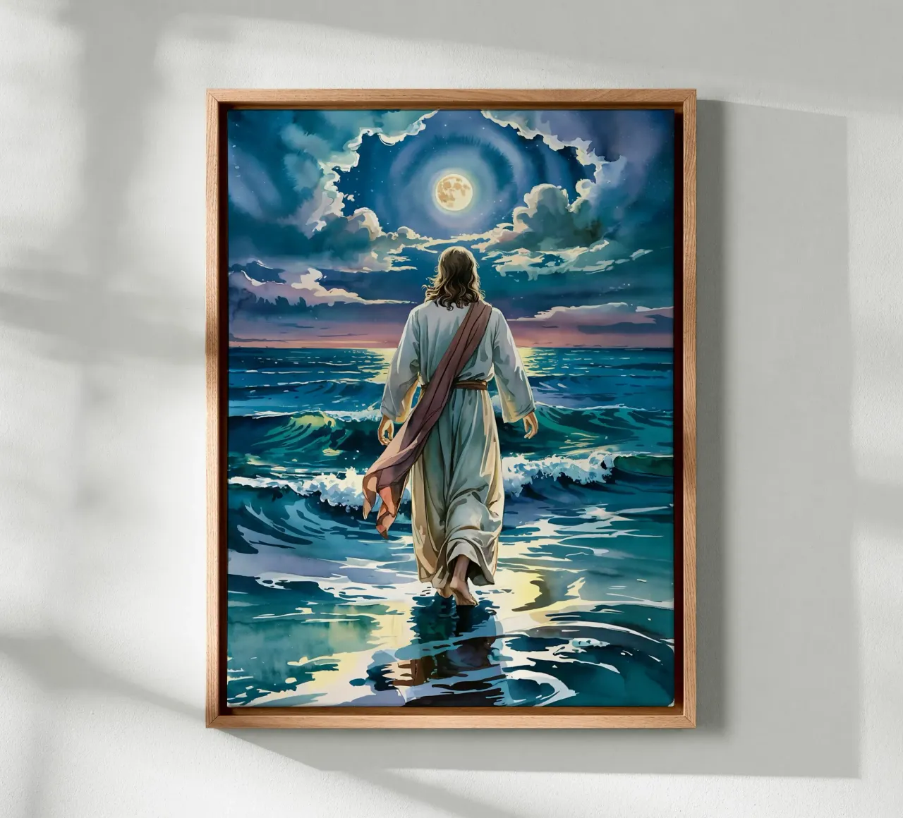 Jesús caminando sobre el agua a la luz de la luna lienzo con Marco flotante de Plain Thoughts