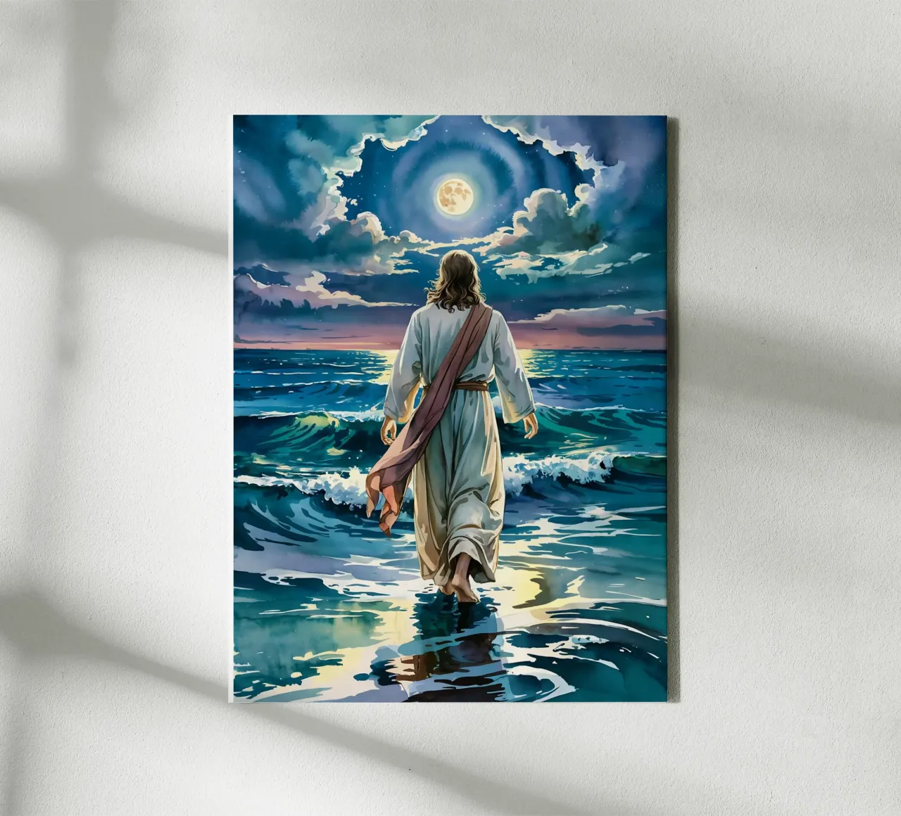 Jesús caminando sobre el agua a la luz de la luna lienzo con Marco flotante de Plain Thoughts
