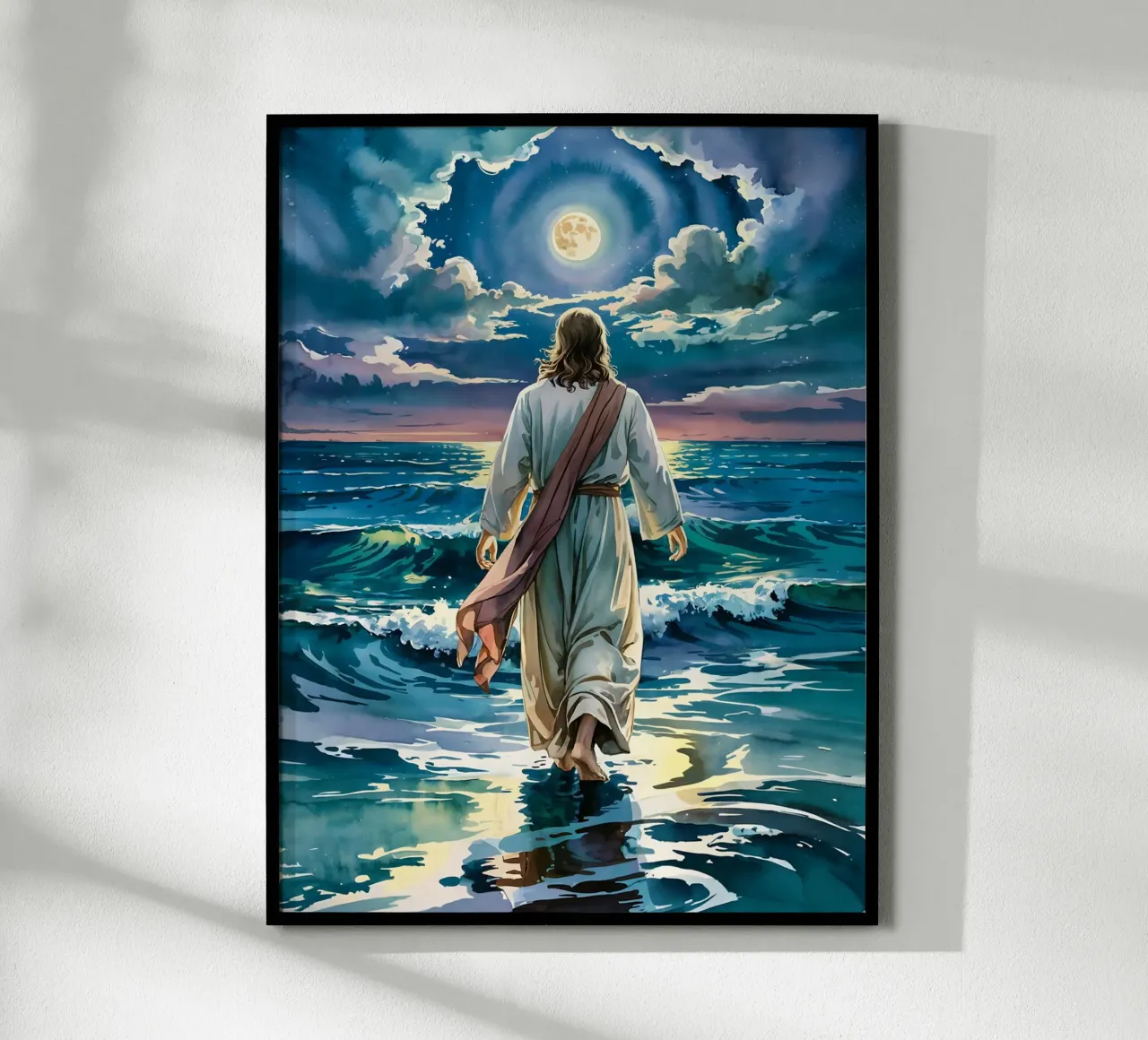 Gesù che cammina sulle acque al chiaro di luna poster con telaio in legno da Plain Thoughts