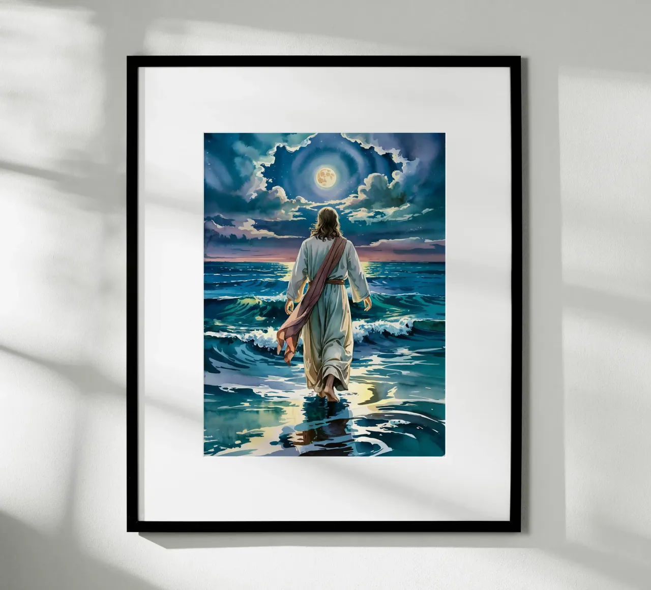 Gesù che cammina sulle acque al chiaro di luna poster con telaio in legno da Plain Thoughts