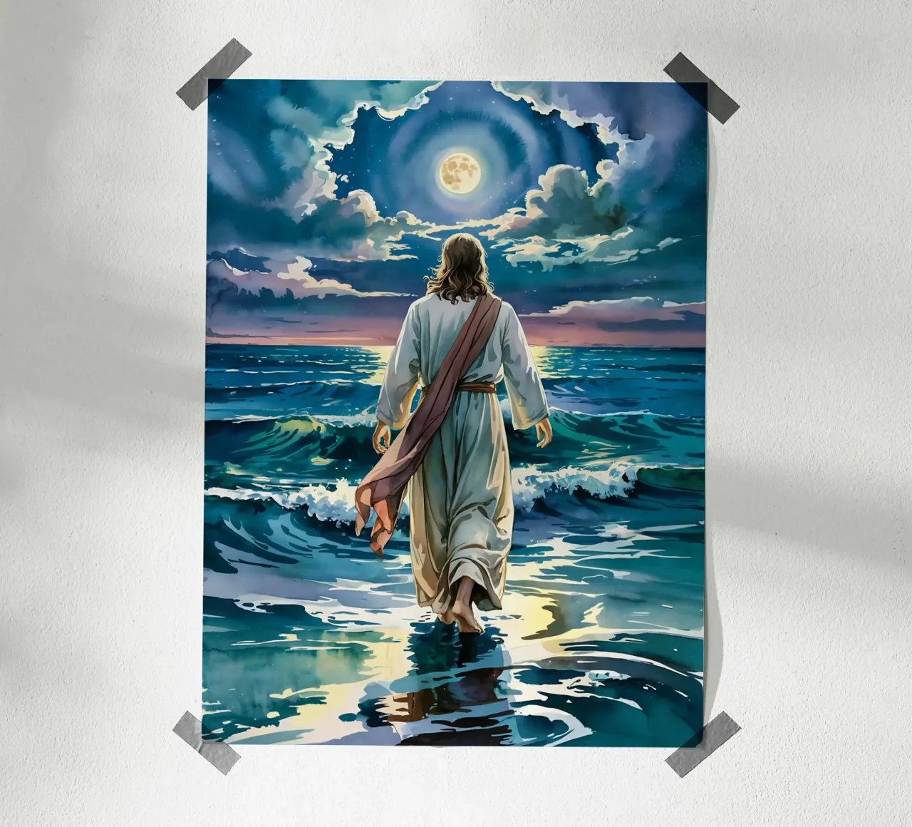 Gesù che cammina sulle acque al chiaro di luna poster con telaio in legno da Plain Thoughts