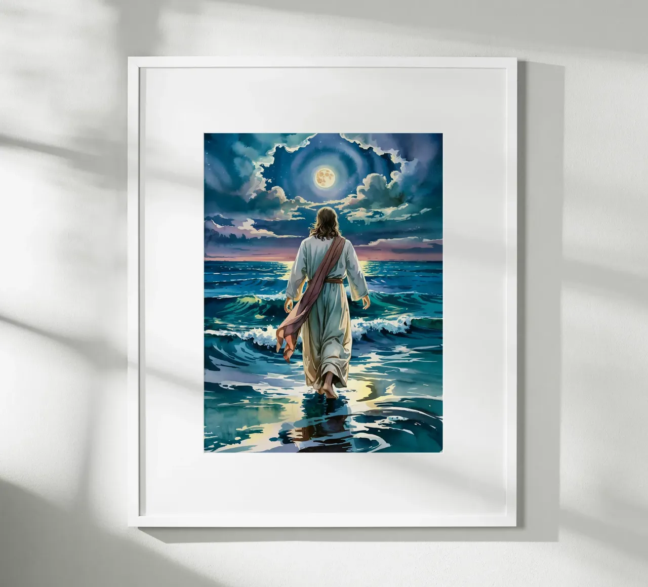 Gesù che cammina sulle acque al chiaro di luna poster con telaio in legno da Plain Thoughts