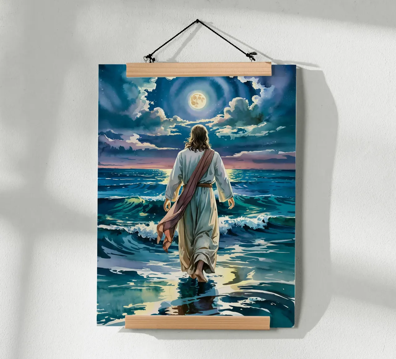 Gesù che cammina sulle acque al chiaro di luna poster con telaio in legno da Plain Thoughts
