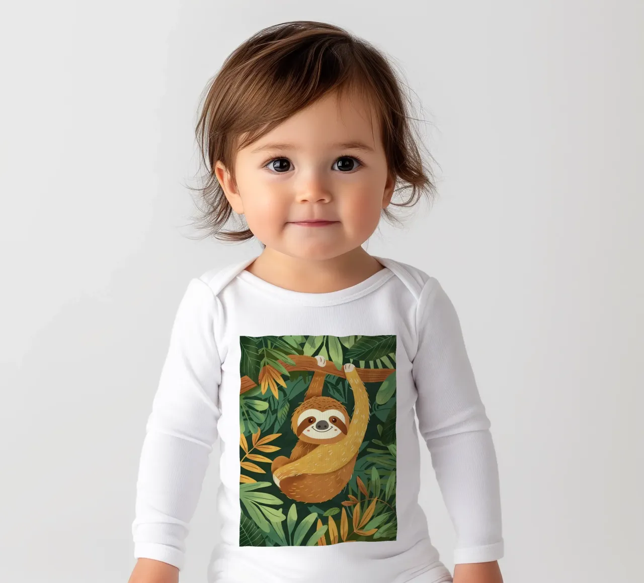 Sloth hanging from a branch in a tropical rainforest long-sleeve baby romper by DesignDoodle