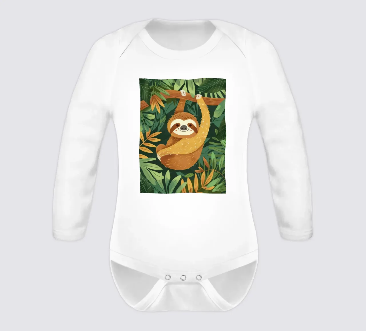 Sloth hanging from a branch in a tropical rainforest long-sleeve baby romper by DesignDoodle